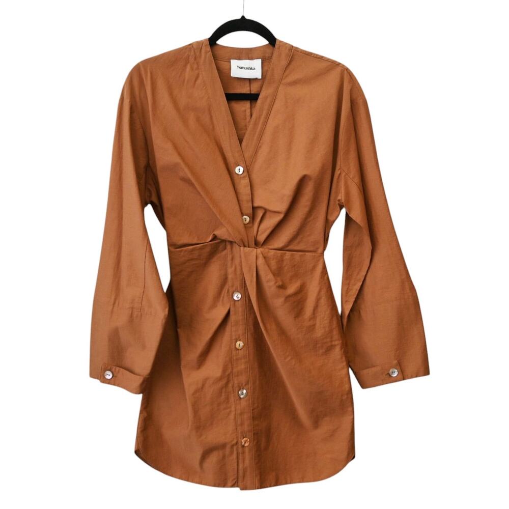 Nanushka Johanna Rust Brown Cotton Blend Poplin Twist Front Mini Dress Size XS